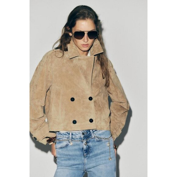 ZARA 100% LEATHER SHORT TRENCH COAT - Picture 3 of 13